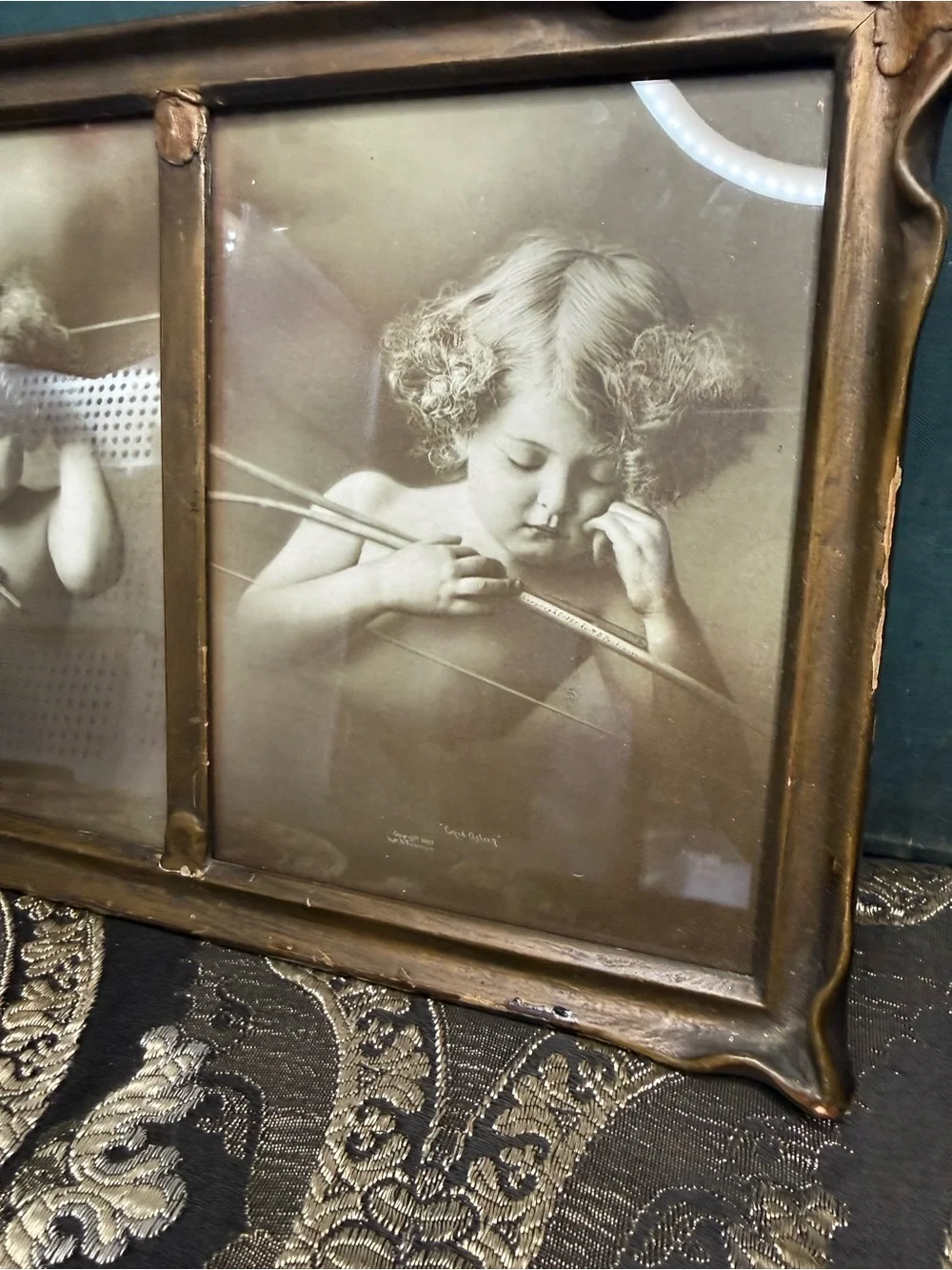 VTG Awake & Sleep Cupid Prints in Gold Tone Double Batwing Frame